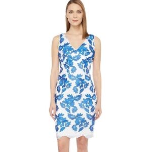 Adrianna Papell Sz 14 Blue and White Lace Crotchet V-Neck Sheath Midi Dress